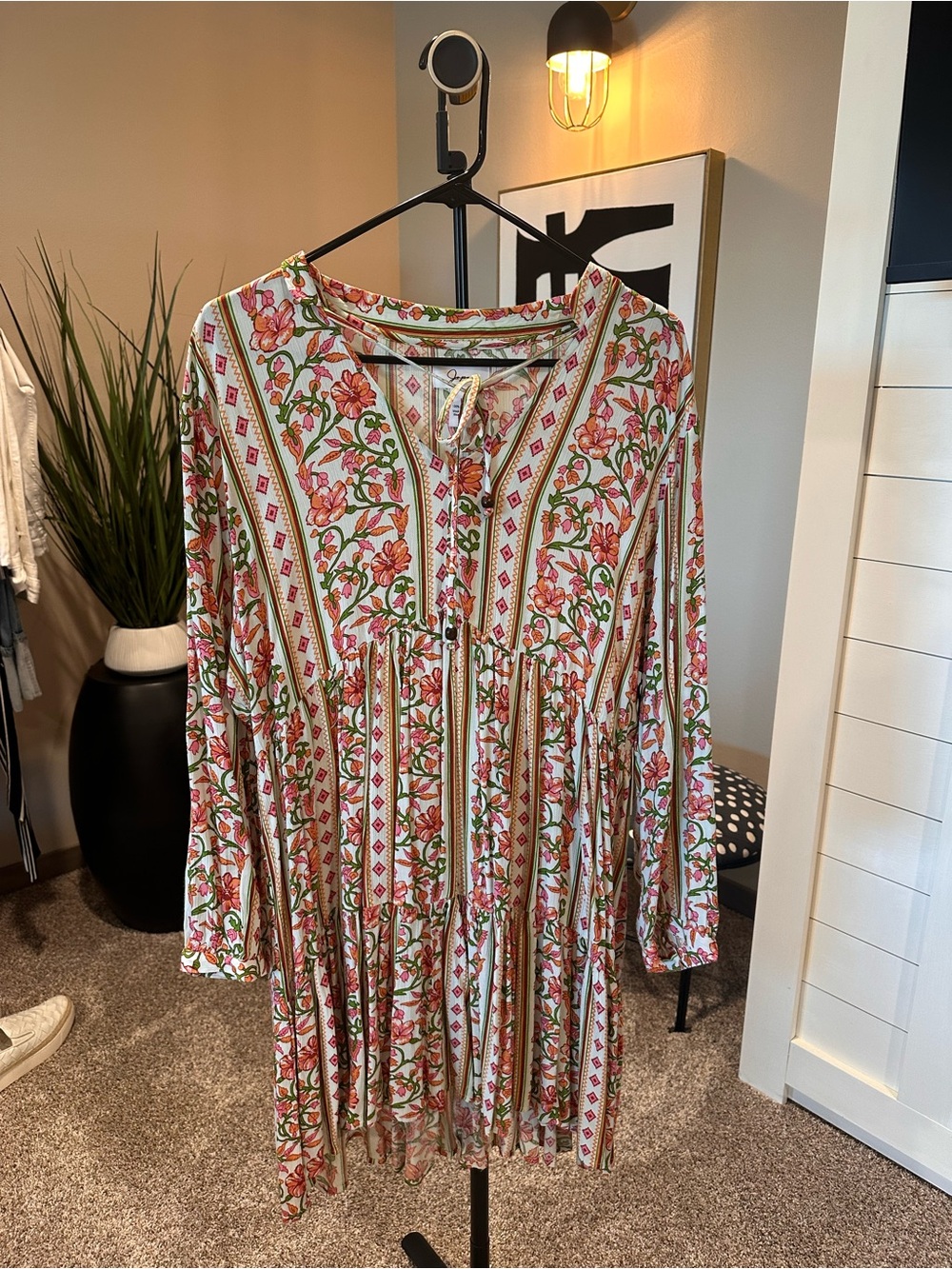 Floral Boho Long Sleeve Tiered Dress - Pink & Green